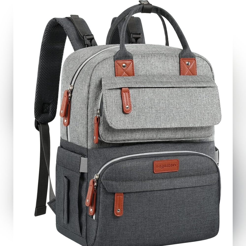 Elegant Gray and Black Backpack with Brown Details
